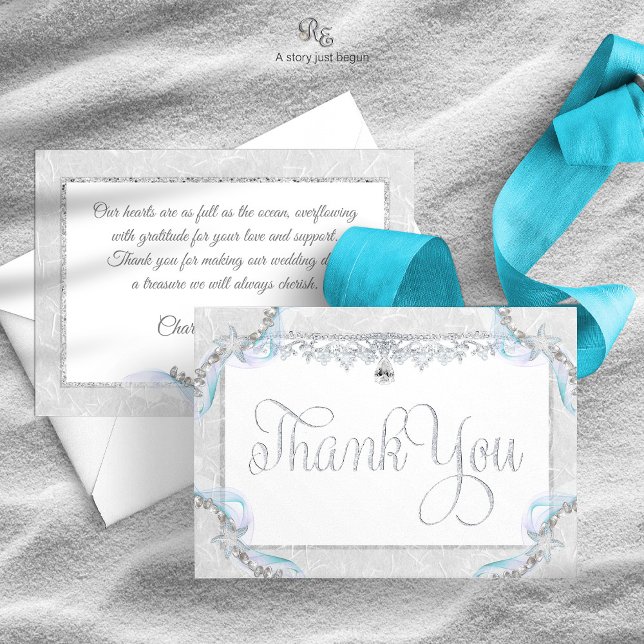 Tack för ditt kort, Starfish Beach-bröllopet (Starfish Beach Thank You Card with silver glitter look and starfish accents, front and back view.)