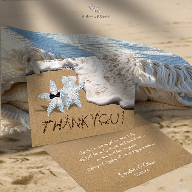 Tack för ditt kort, Starfish Beach-bröllopet Kort (Starfish bride & groom thank you card with carved sand typography, perfect for beach weddings.)