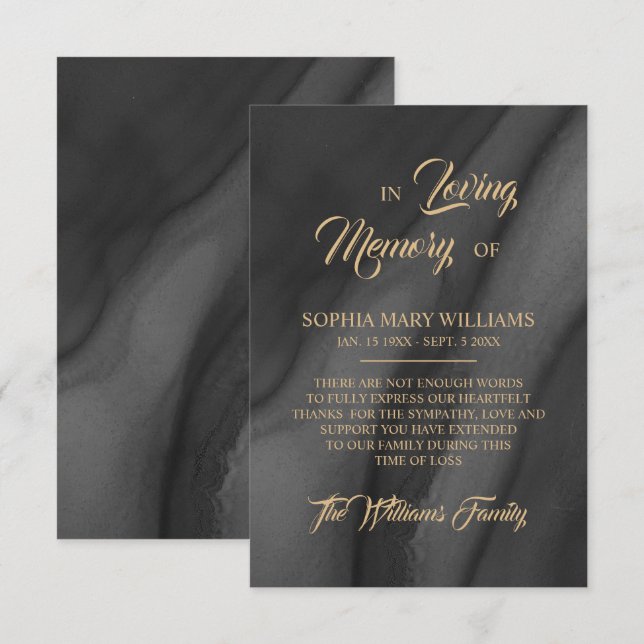Tack för ditt kort - Svart och Guld Sympathy Memor (Fram/baksida)