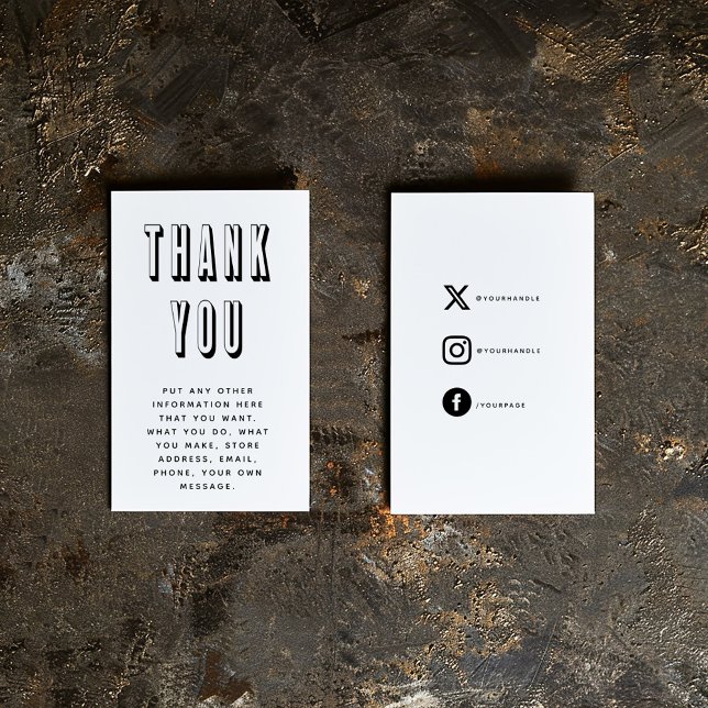 Tack för ditt tillslutningskort med fetstilt svart tilläggskort (Big bold 3D text "Thank you" insert card with black on white social media icons, details and message)