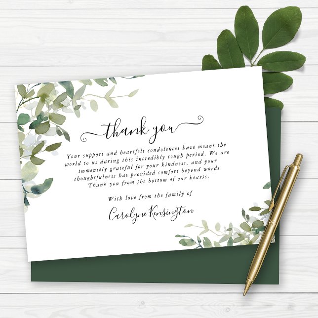 Tack för elegant av vattenfärgen Greenery Sympathy Kort (Elegant Watercolor Greenery Sympathy Thank You Card)