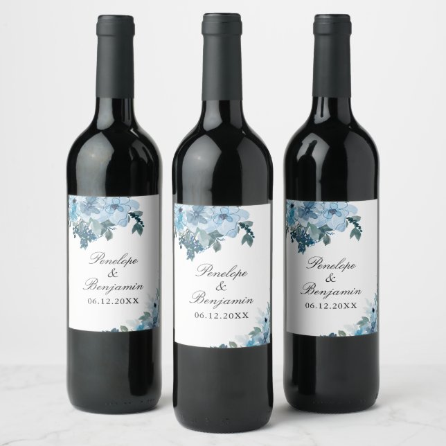 Tack för elegant Blommigt blå Bröllop Vinflaska Etikett (Flaskor)