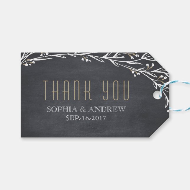 Tack för elegant blommigt-chalkboard rustik bröllo presentetikett (Framsidan (Horisontell))