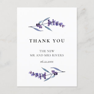 Tack för elegant blommigt lavender bröllop vykort