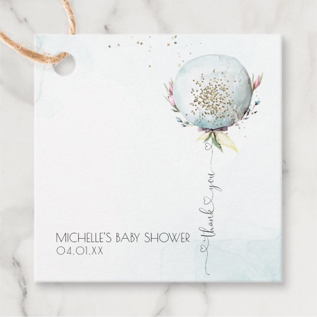 Tack för elegant Blue Balloon Baby Shower Gåvor Etiketter (Framsida)