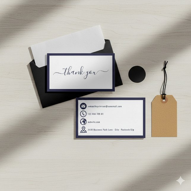 Tack för eleganten gräns och blå ikoner tilläggskort (Thank you bold border and blue contact icons elegant enclosure card.)