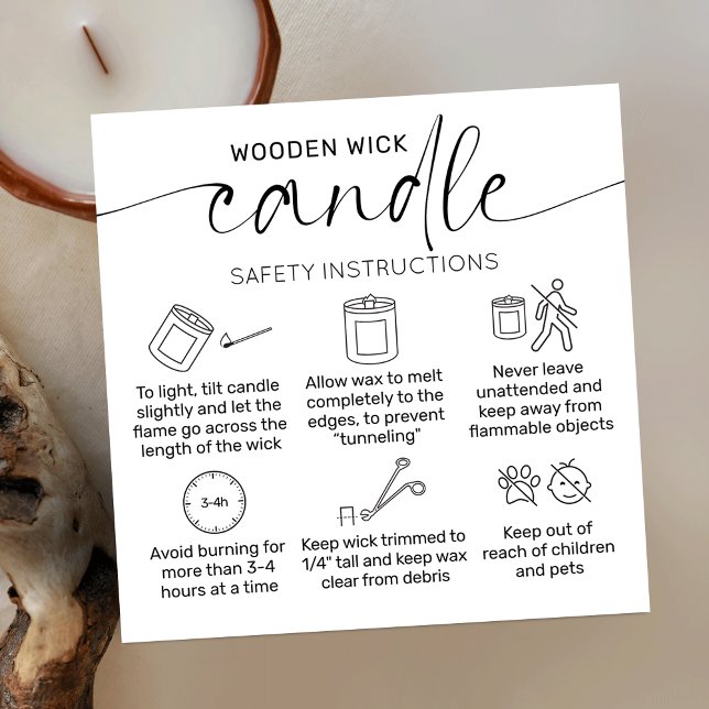 Tack för Eleganten med trästyngel Fyrkantigt Visitkort (Wooden wick candle care instructions cards with icons, elegant script font and minimalist aesthetic)