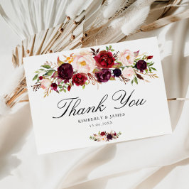 Tack för elegantens burgundär och blommigt bröllo vykort