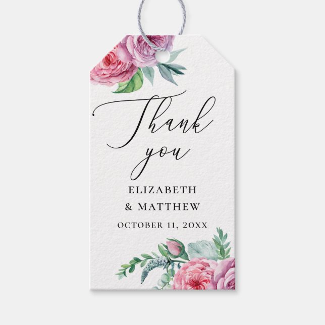 Tack för elegantens vattenfärgsboho blommigt bröll presentetikett (Framsidan)