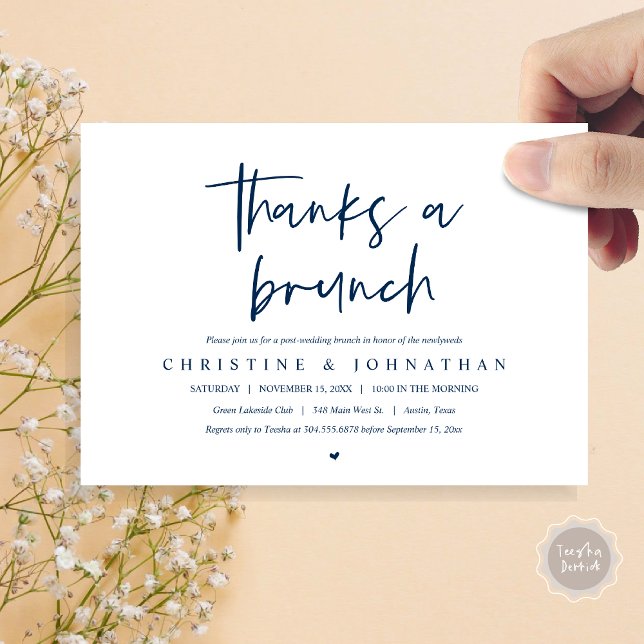 Tack för en brunch, efter bröllop firande invitati inbjudningar (Thanks A Brunch, Wedding Elopement Invitation Card, PDF, Modern Wedding Party, Navy Blue)