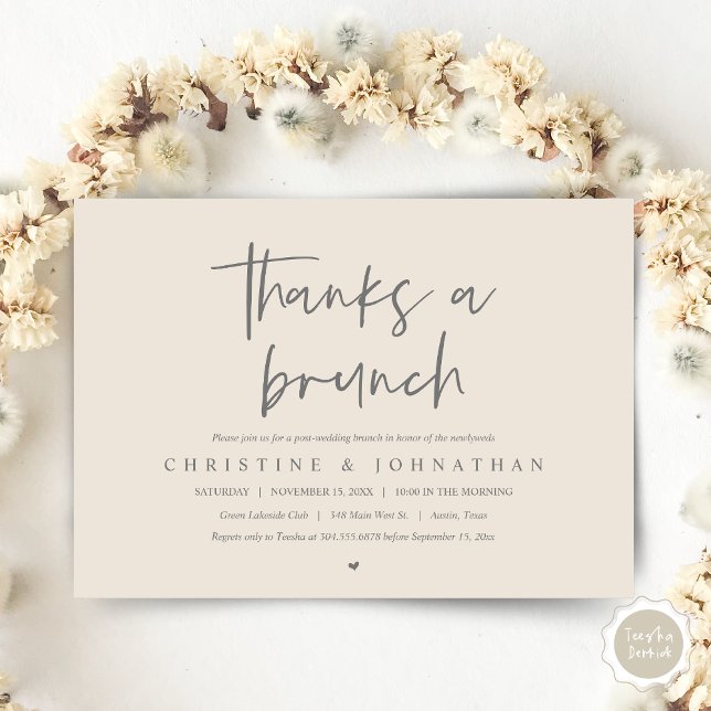 Tack för en brunch, efter bröllop firande invitati inbjudningar (Thanks A Brunch, Wedding Elopement Invitation Card, PDF, Modern Wedding Party, Grey and Cream)