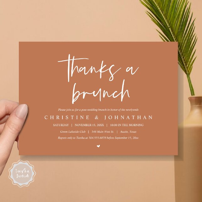 Tack för en brunch, efter bröllop firande invitati inbjudningar (Thanks A Brunch, Wedding Elopement Invitation Card, PDF, Modern Wedding Party, Copper Rust Brown)