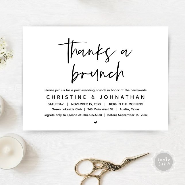 Tack för en brunch, efter bröllop firande invitati inbjudningar (Thanks a brunch, The Morning After, post wedding celebration invitation card, PDF, White Black)
