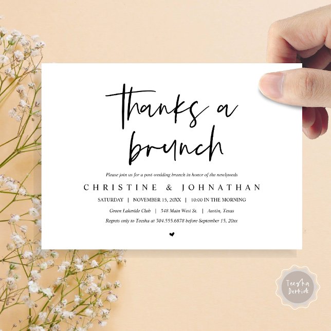 Tack för en brunch, efterbröllopsfirande inbjudan (Thanks a brunch, post wedding elopement invitation card, PDF, modern script, black and white)