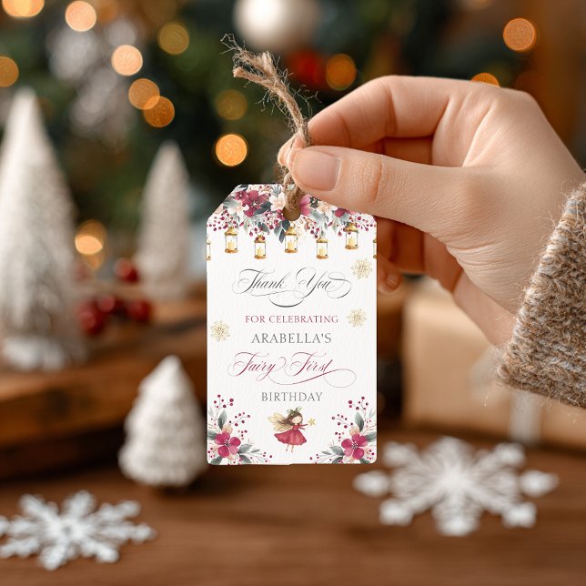 Tack för en fantastisk födelsedag - Vinterflickans Presentetikett (Whimsical Winter Fairy First Birthday Thank You Gift Tags)
