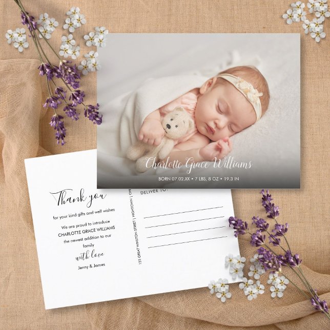 Tack för enkel Baby-fotoskript, Elegant Birth Meddelande Vykort (Simple Baby Photo Thank You Elegant Script Birth Announcement Postcard)