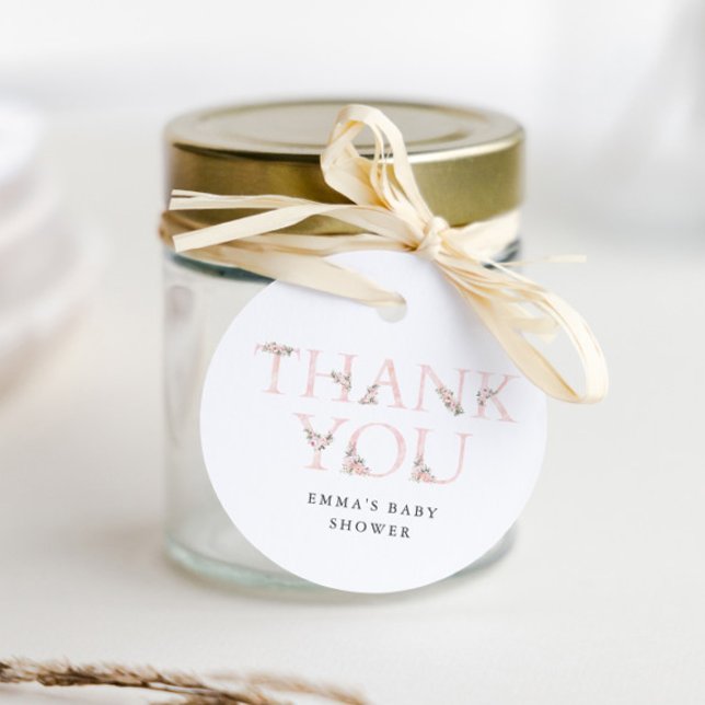 Tack för enkel Blommigt, babykläder Gåvor Etiketter (Elegant Typography Floral Pink Girls Baby Shower Thank You Favor Tag.)