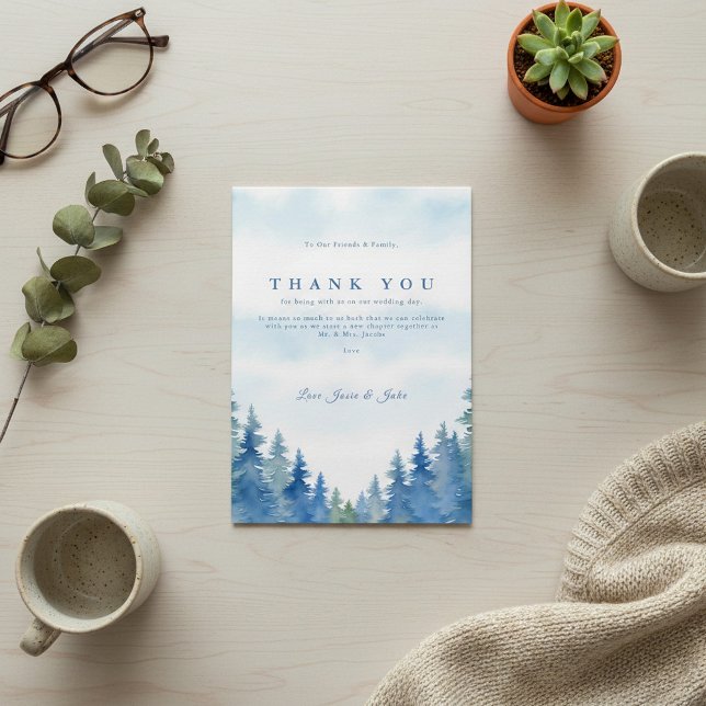 Tack för er söt gräs träd bröllop i bord (Pretty winter pine trees wedding table thank you.)