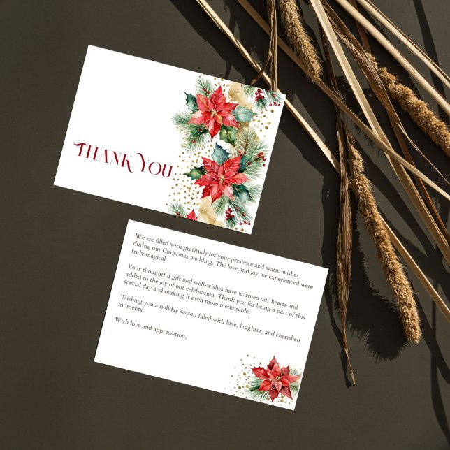 Tack för er tack för er Vinterjul, bröllop, Poinse (Winter Christmas wedding watercolor pines poinsettia gold sprinkles thank you card)