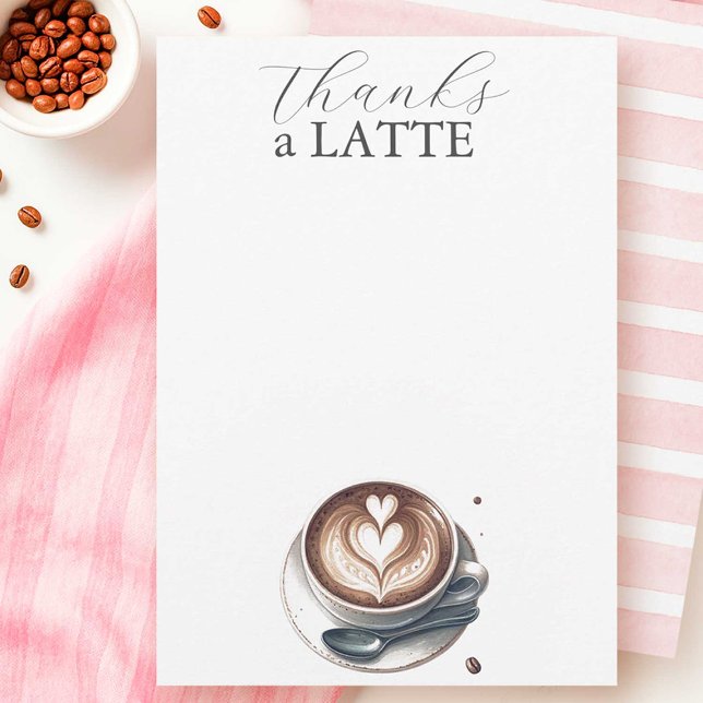 Tack för ett sent kaffeskydd i Älskare Anteckningskort (Pink coffee love thank you cards that say Thanks a Latte with a cup of coffee and pink stripes)