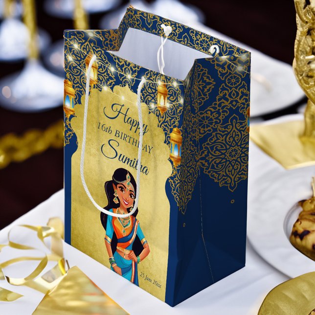 Tack för ett tack från Indiska stil flick kalas (Indian style girls birthday party thank you favor gift bag personalized printed gift bag blue gold)