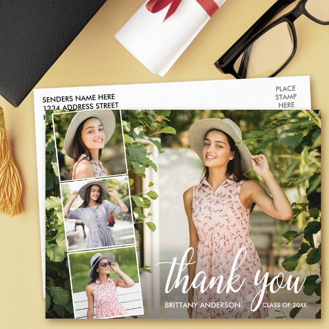 Tack för examenscollage med 4 bilder i kalligrafi vykort (Customize to change your personalized text size or text style.)