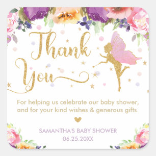 Tack för Fairy Baby Shower Lila Blommigt Fyrkantigt Klistermärke