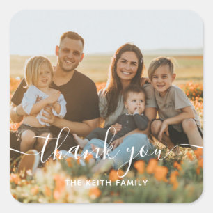 Tack för familjefoto fyrkantigt klistermärke