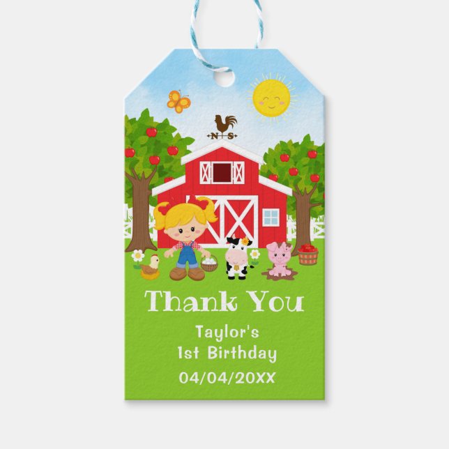 Tack för födelsedagen, blondhårig flicka på bondgå presentetikett (Framsidan)