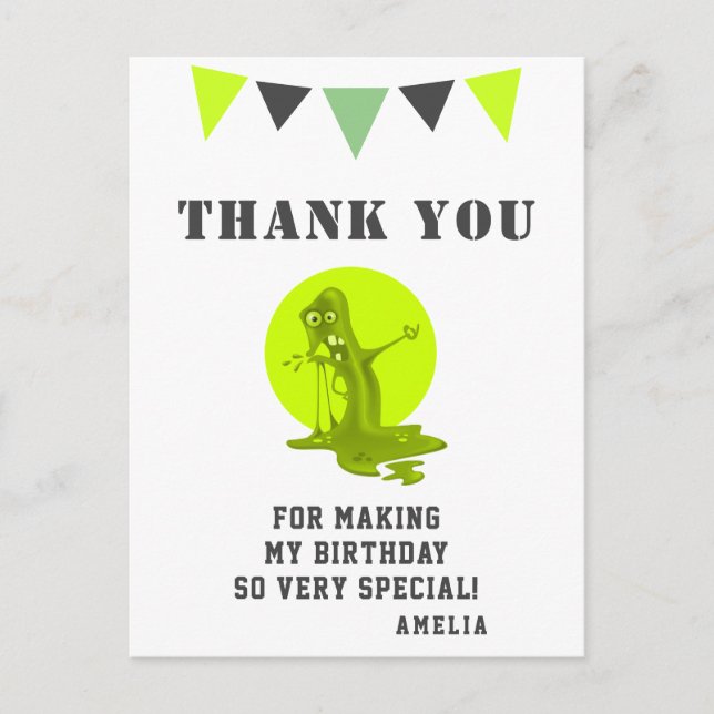 Tack för födelsedagen från det kusliga gröna slemm vykort (Framsida)