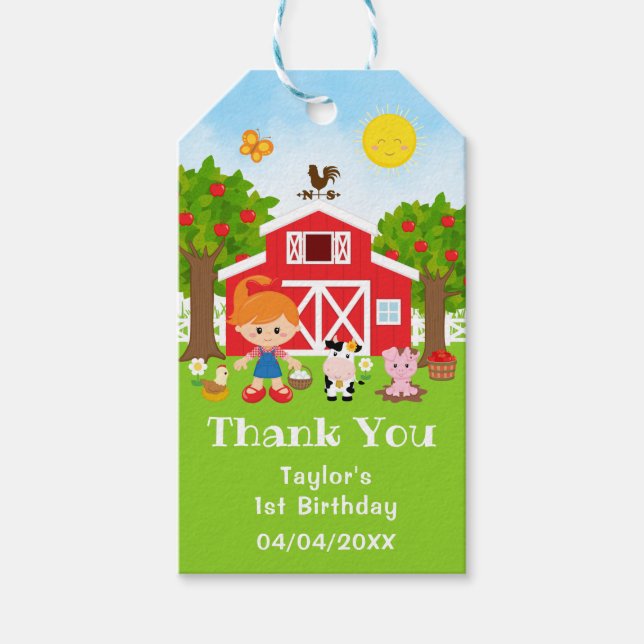 Tack för födelsedagen - Rödhårig flicka på bondgår Presentetikett (Framsidan)
