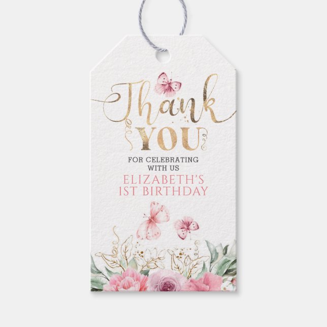 Tack för födelsedagen - Rosa blommor och fjärilar Presentetikett (Framsidan)