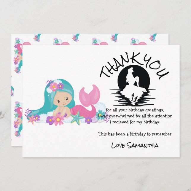 Tack för Födelsedagsfest av Rosa av sjöjungfru Lil Inbjudningar (Fram/baksida)