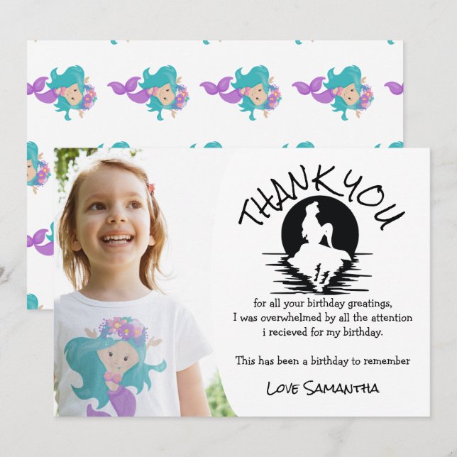 Tack för Födelsedagsfest av Rosa av sjöjungfru Lil Inbjudningar (Fram/baksida)