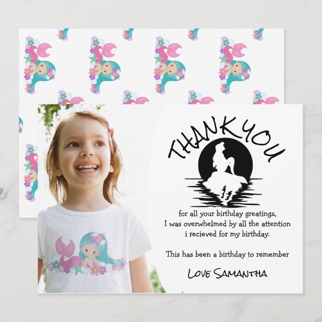 Tack för Födelsedagsfest av Rosa av sjöjungfru Lil Inbjudningar (Fram/baksida)