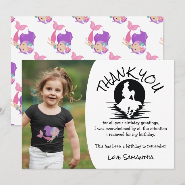 Tack för Födelsedagsfest av Rosa av sjöjungfru Lil Inbjudningar (Fram/baksida)