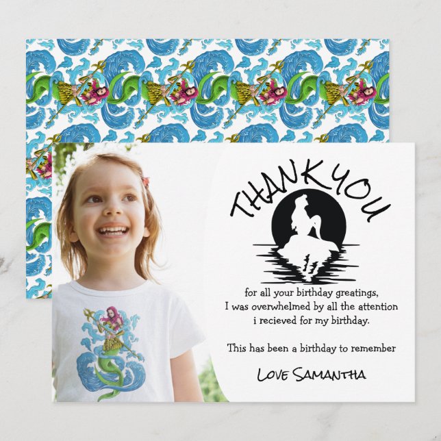 Tack för Födelsedagsfest av sjöjungfru Grönt Inbjudningar (Fram/baksida)
