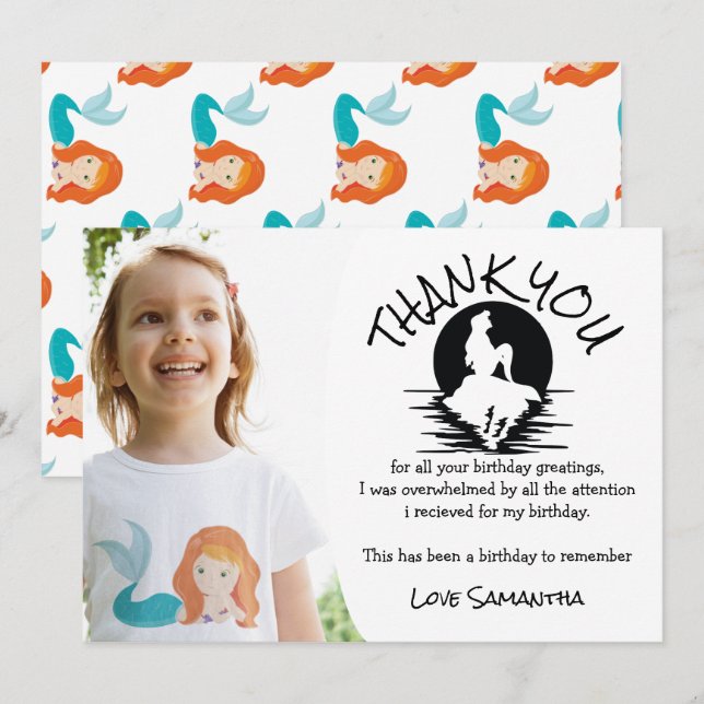 Tack för Födelsedagsfest av sjöjungfru Inbjudningar (Fram/baksida)