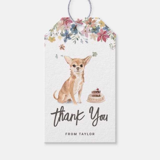 Tack för Födelsedagsfest av vattenfärg Chihuahua-H Presentetikett (Framsidan)
