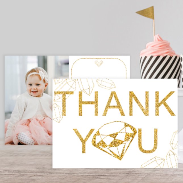 Tack för Födelsedagsfesten Guld Gem Photo  Inbjudningar (Gold diamond thank you card, Gem birthday party)