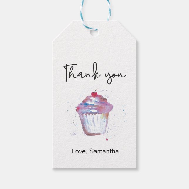 Tack för födelsedagsfesten med cupcakes presentetikett (Framsidan)