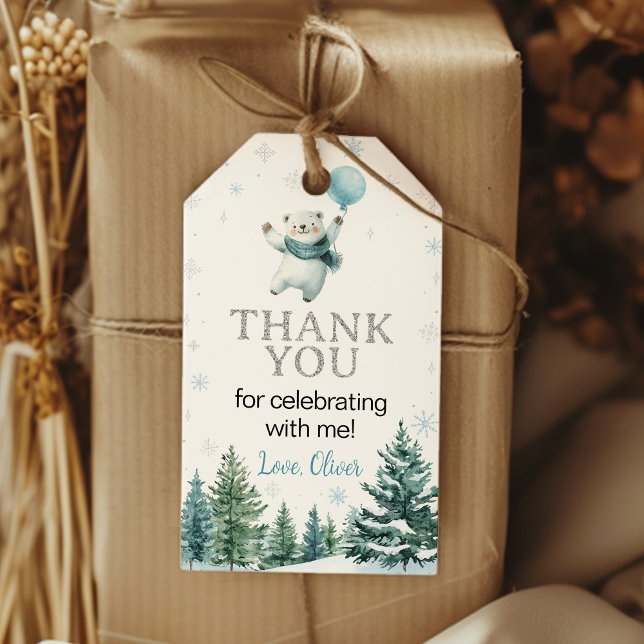Tack för födelsedagsfirande för Isbjörn på vintern Presentetikett (Skapare uppladdad)
