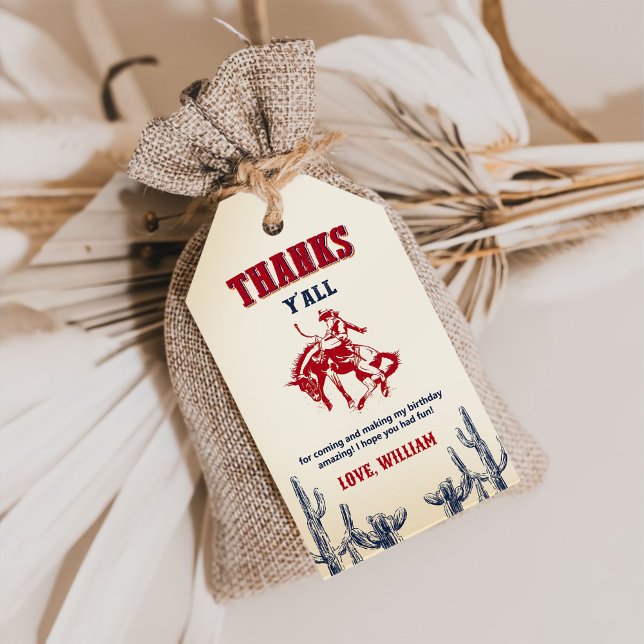 Tack för födelsedagsfirande i Vilda Västern Cowboy Presentetikett (Skapare uppladdad)