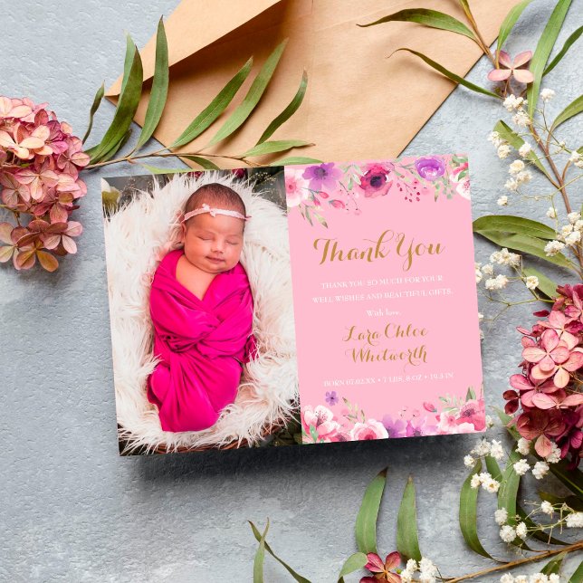 Tack för födelsedagsfoto för babyflicka Blommig Ro Meddelande Vykort (Skapare uppladdad)