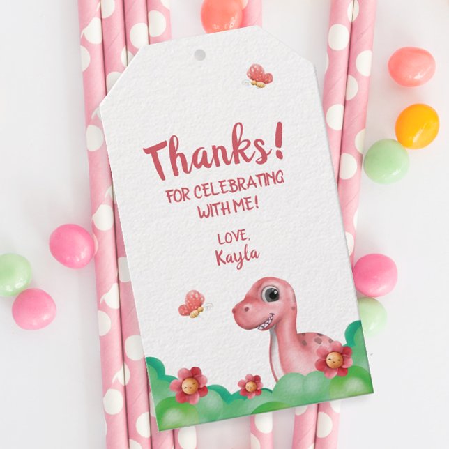 Tack för födelsedagspresenten till flickans dinosa presentetikett (Personalized Girl's Dinosaur Birthday Party Favor Tag)