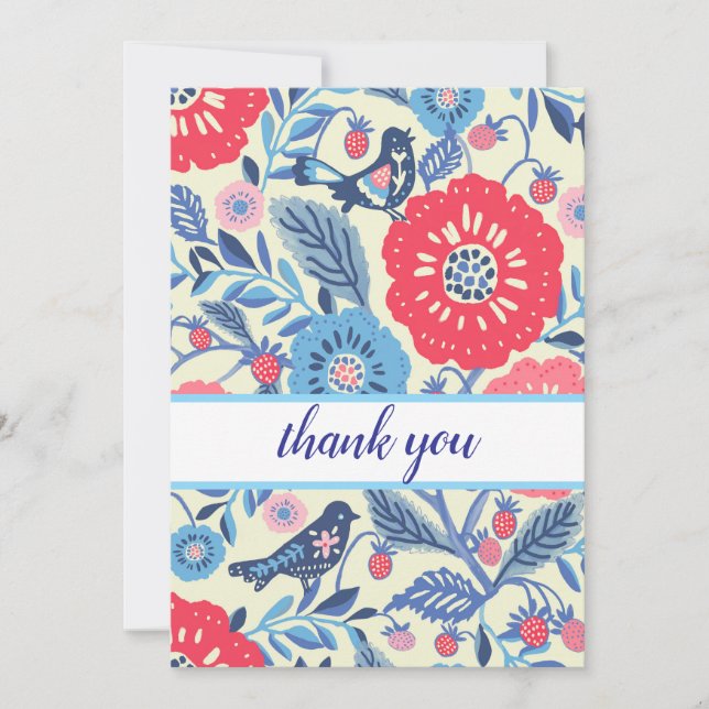 Tack för folkart Bird and Strawberry-kortet Inbjudningar (Framsida)