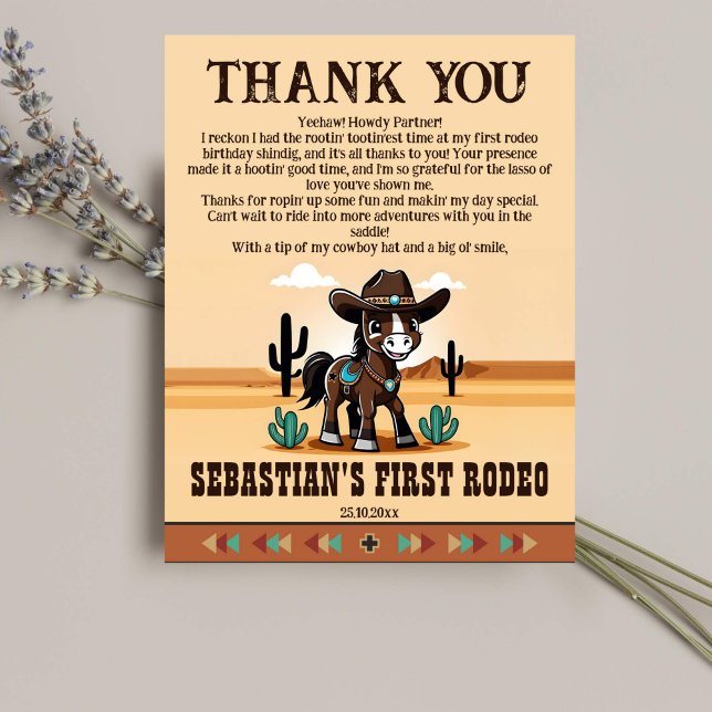 Tack för första rodeo-födelsedagsfesten (First rodeo birthday party thank you cards cute cowboy horse wild west themed birthday thank you)