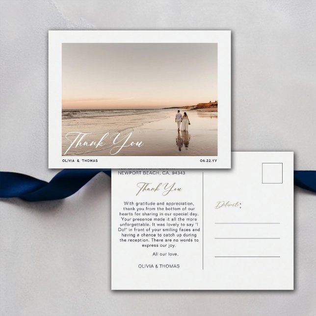 Tack för foto av Beach-bröllop i marinflottan Vykort (nautical navy beach wedding photo thank you postcard modern romantic elegant bohemian summer winter)