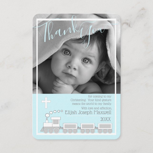 Tack för foto för dop för pojkeChoo Choo Kort (Framsida)