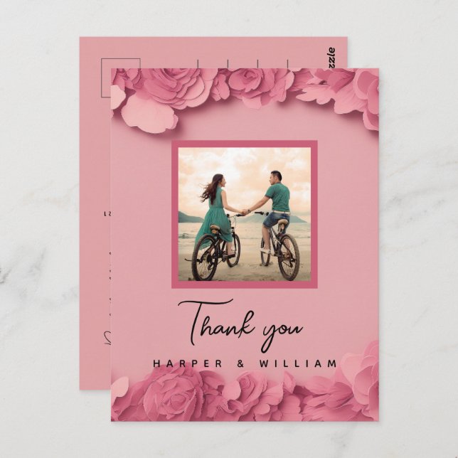 Tack för foto från rosa blommande bröllop vykort (Fram/baksida)